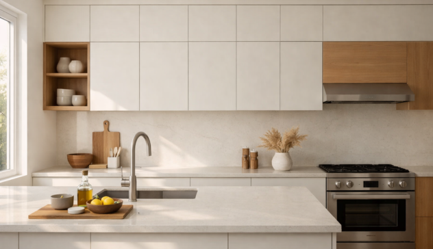 warm white kitchen cabinets with wood accents bright and clean interior